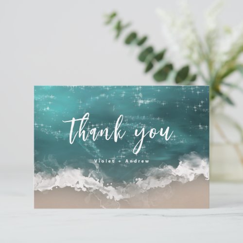 Abstract sparkling moody ocean beach wedding thank you card