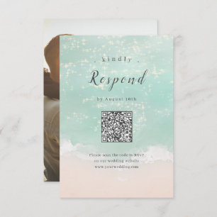 Abstract sparkling ocean beach wedding QR code RSVP Card