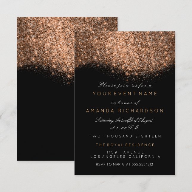 Abstract Sparkly Glitter Copper Rose Gold Black Invitation (Front/Back)