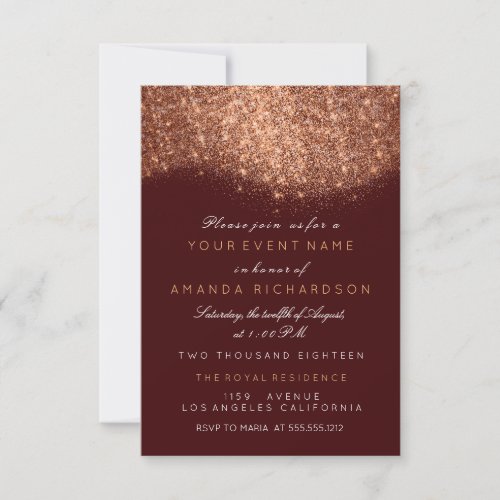 Abstract Sparkly Glitter Copper Rose Gold Burgundy Invitation