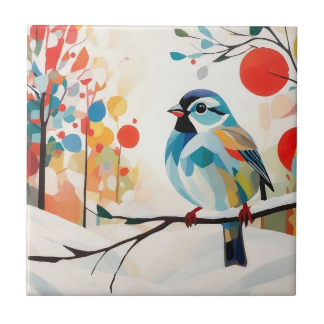 Abstract Sparrow In Whimsical Winter Forest Ceramic Tile (Front)