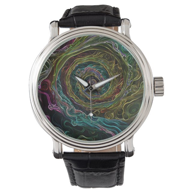 Abstract Spiral Black Vintage Leather Watch (Front)
