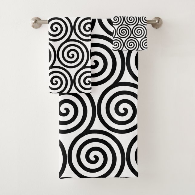 Abstract Spiral Circles in Black & White Bath Towe Bath Towel Set (Insitu)