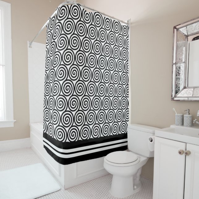 Abstract Spiral Circles in Black & White Shower Cu Curtain (In Situ)