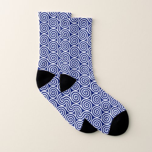 Abstract Spiral Circles in Blue  White Socks