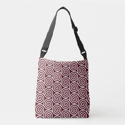 Abstract Spiral Circles in Burgundy  White Crossbody Bag