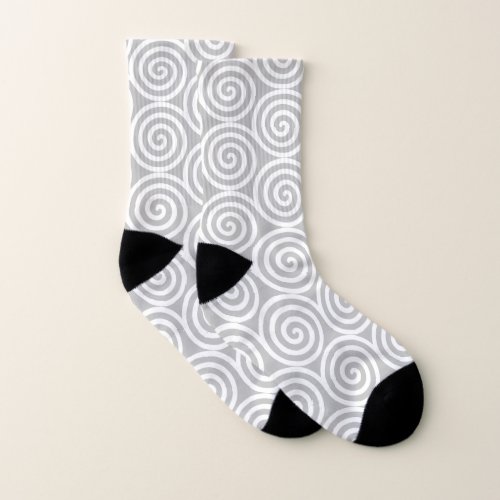 Abstract Spiral Circles in Gray  White Socks