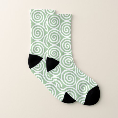 Abstract Spiral Circles in Green  White Socks