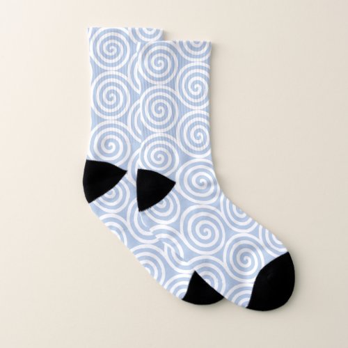 Abstract Spiral Circles in Light Blue  White Socks