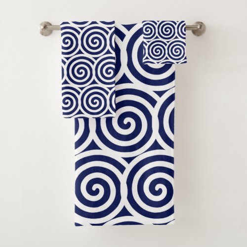 Abstract Spiral Circles in Navy Blue  White Bath  Bath Towel Set