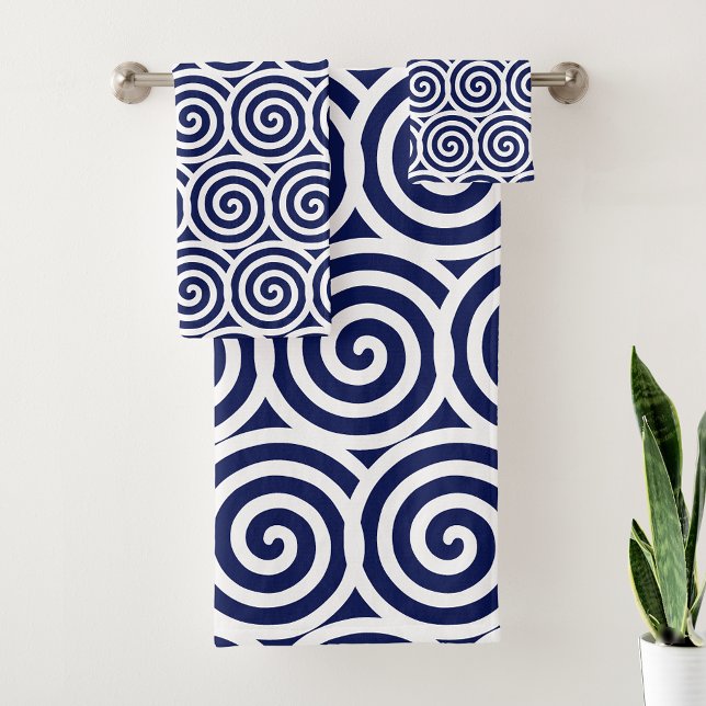Abstract Spiral Circles in Navy Blue & White Bath  Towel Set (Creator Uploaded)