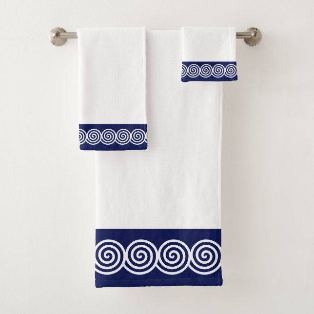 Abstract Spiral Circles in Navy Blue & White Bath  Towel Set (Insitu)