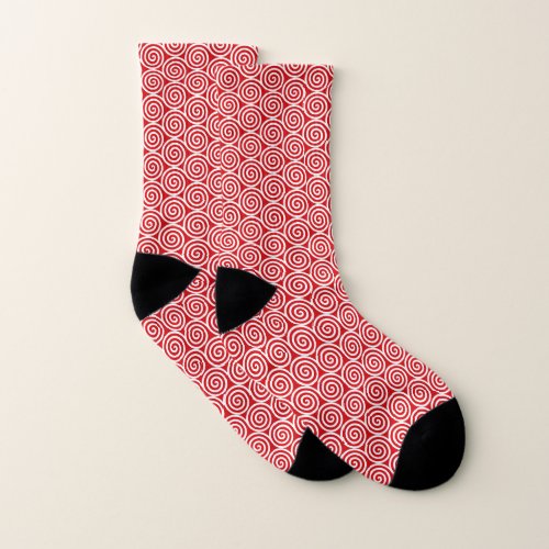 Abstract Spiral Circles in Red  White Socks