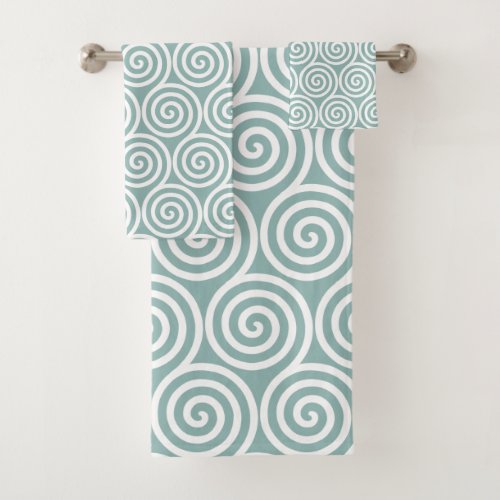 Abstract Spiral Circles in Silvery Blue  White Bath Towel Set