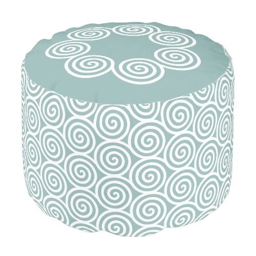 Abstract Spiral Circles in Silvery Blue  White Pouf
