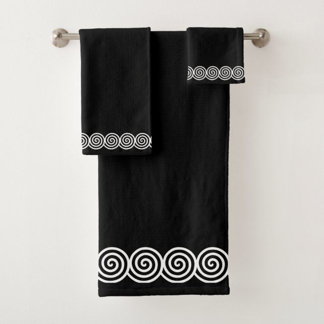 Abstract Spiral Circles on Black Bath Towel Set (Insitu)
