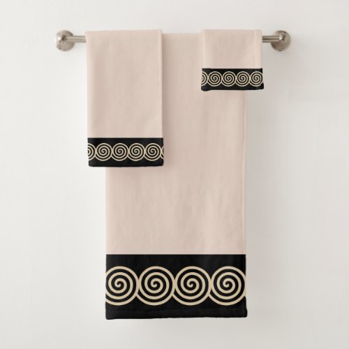 Abstract Spiral Circles on Black  Beige Bath Towe Bath Towel Set