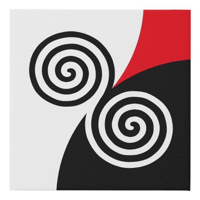 Abstract Spiral Circles on Black Red & White Faux Canvas Print (Front)