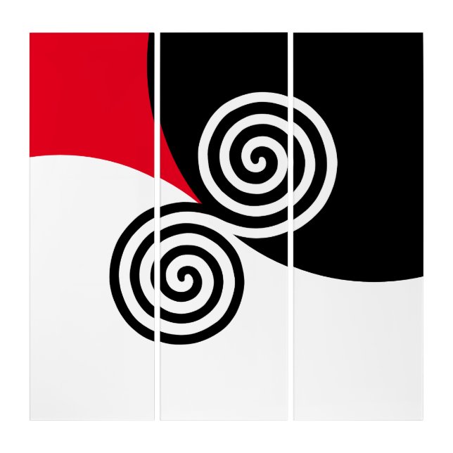Abstract Spiral Circles on Black Red & White Triptych (Front)