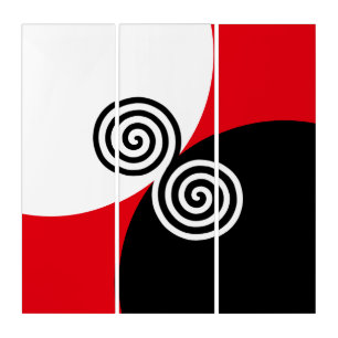 Abstract Spiral Circles on Black Red & White Triptych