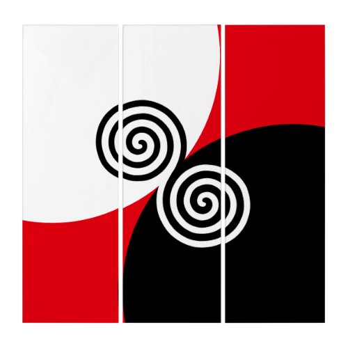 Abstract Spiral Circles on Black Red  White Triptych