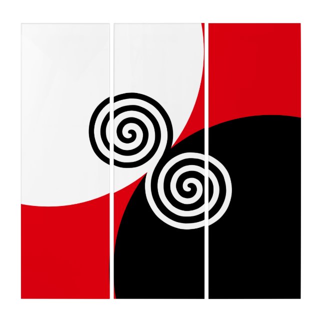 Abstract Spiral Circles on Black Red & White Triptych (Front)