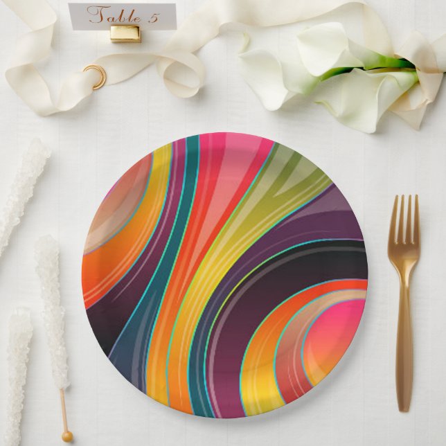 Abstract spiral rainbow colorful design paper plates (Wedding)