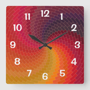 Abstract Spiral Tiles Red Yellow Orange Square Wall Clock