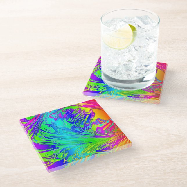 Abstract Splashing Rainbow Liquid Glass Coaster (Angled)