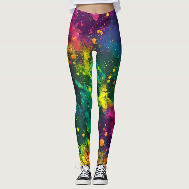 Abstract Splatter Paint Rainbow, Cosmic Galaxy art Leggings (Front)