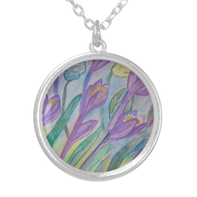 Abstract Spring Crocus Silver Plated Necklace (Front)