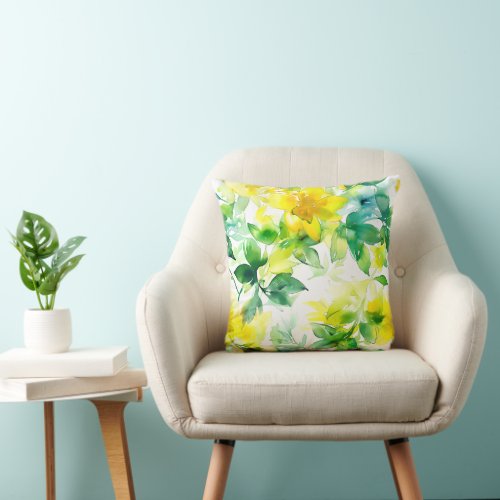 Abstract Spring Flowers Watercolor Yellow Teal Throw Pillow