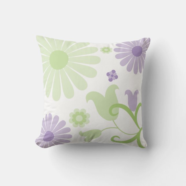 Abstract Spring Green Lavender Funky Florals Throw Pillow (Front)