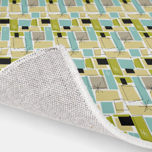 Abstract Squares Blue Yellow Starburst Mid Century Rug