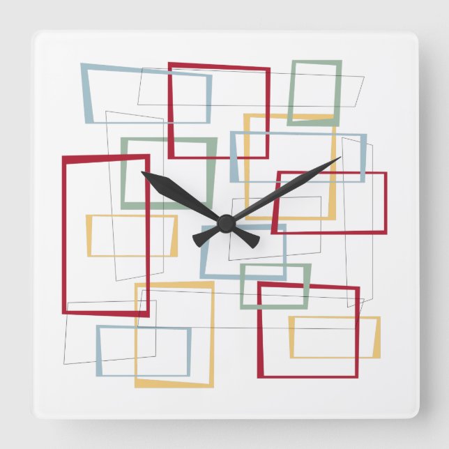 Abstract Squares Mid Century Red Blue Green Yellow Square Wall Clock (Front)