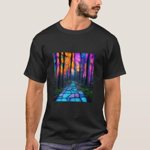 Abstract Stained Glass Winding Through the Forest  T_Shirt