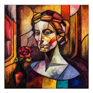 Abstract Stained Glass Woman Portrait with Rose Poster