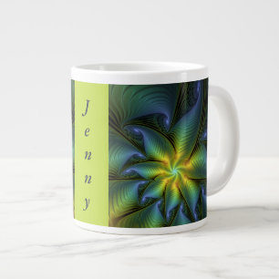 Abstract Star, Blue Green Golden Fractal Art Name Giant Coffee Mug