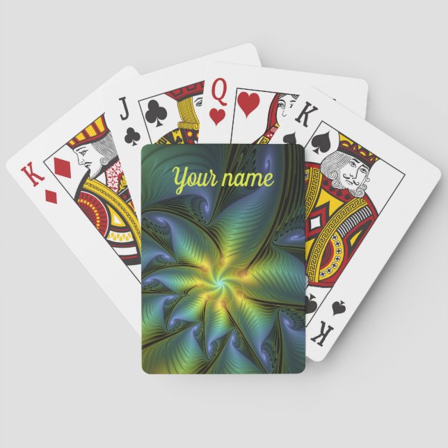 Abstract Star Blue Green Golden Fractal Art Name Poker Cards (Back)