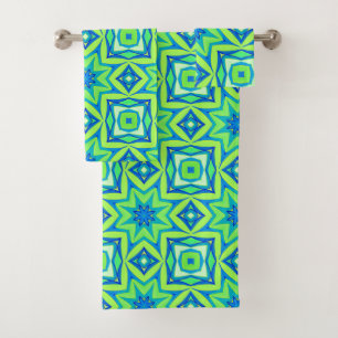 Abstract Star Geometric - Lime Green and Blue Bath Towel Set