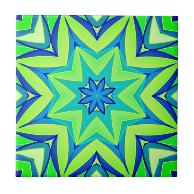 Abstract Star Geometric - Lime Green and Blue   Ceramic Tile (Front)