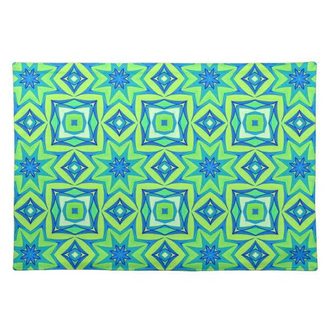 Abstract Star Geometric - Lime Green and Blue   Cloth Placemat (Front)