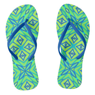 Abstract Star Geometric - Lime Green and Blue Flip Flops