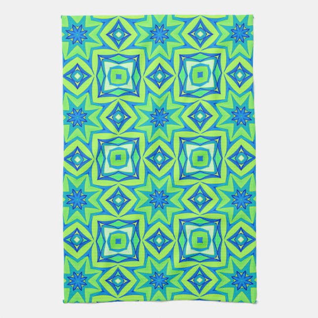 Abstract Star Geometric - Lime Green and Blue  Kitchen Towel (Vertical)