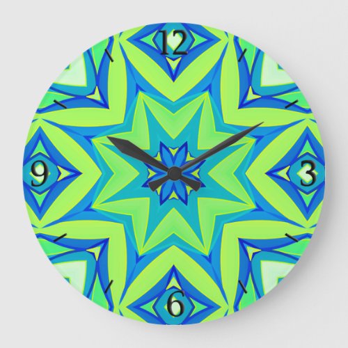 Abstract Star Geometric _ Lime Green and Blue   Large Clock