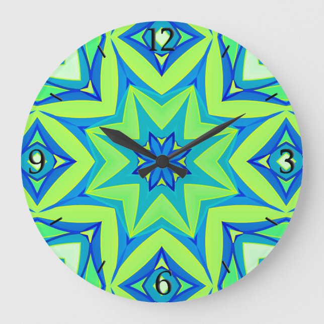 Abstract Star Geometric - Lime Green and Blue   Large Clock (Front)