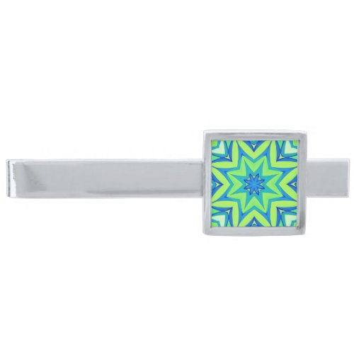 Abstract Star Geometric _ Lime Green and Blue   Silver Finish Tie Bar