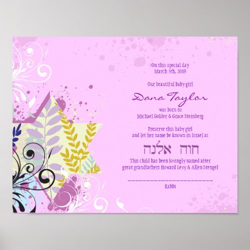 Abstract Star Jewish Baby Naming Birth Certificate Poster