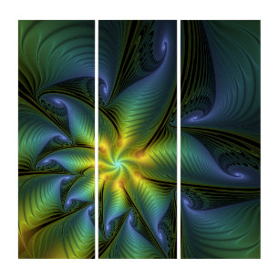Abstract Star, Shiny Blue Green Golden Fractal Art