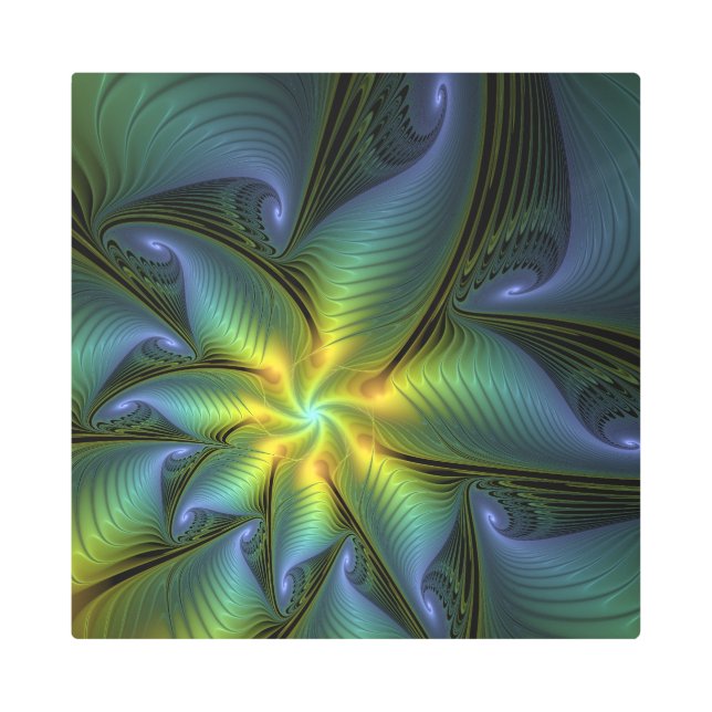Abstract Star, Shiny Blue Green Golden Fractal Art (Front)